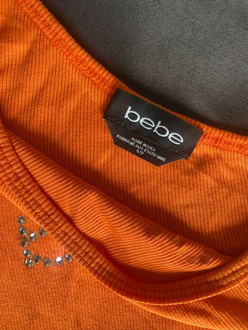 Bebe Y2K Rhinestone One Shoulder Top Orange Fitted Stretch - Picture 5 of 5